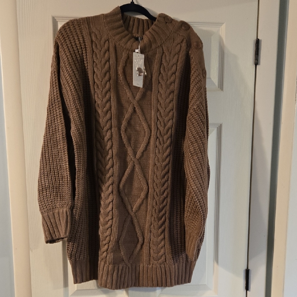 LILLUSORY Long Sleeve Oversized Crewneck Sweater Dress, Size L, Brown